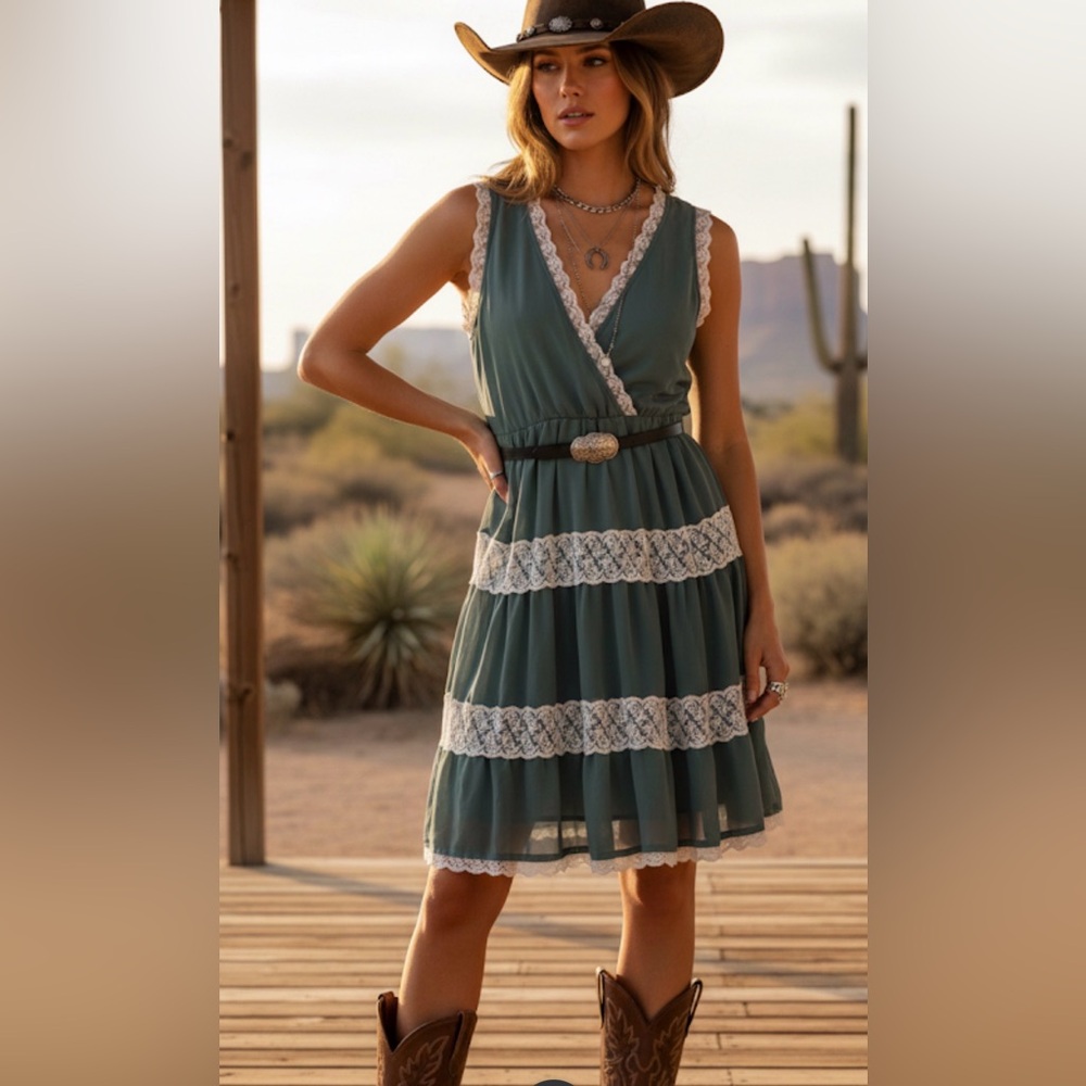 CB casual Green Midi Dress with White Lace Trim